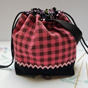 Pink and Black Checkered Drawstring Bag